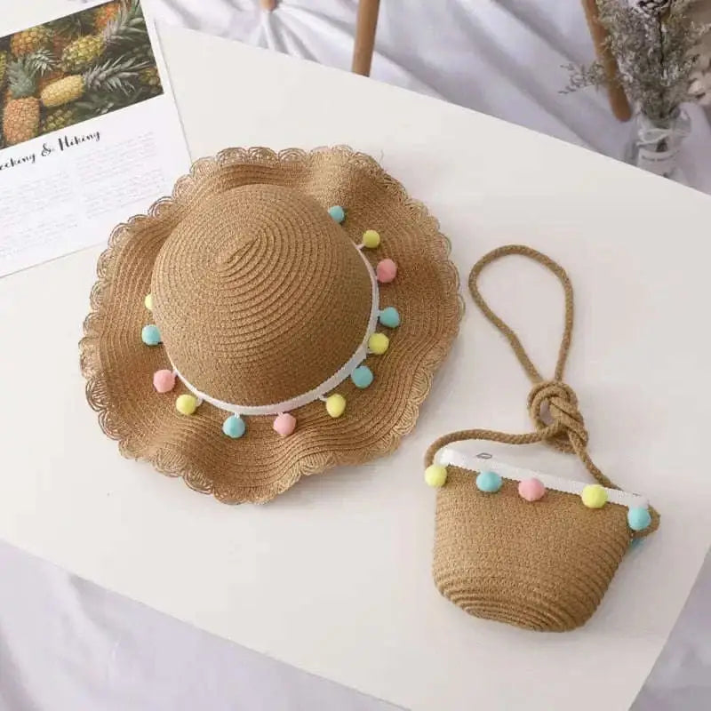 Chapeau de Paille Bébé Fille à Pompons