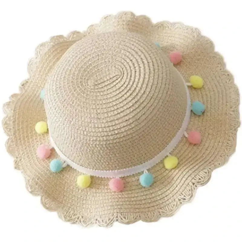 Chapeau de Paille Bébé Fille à Pompons