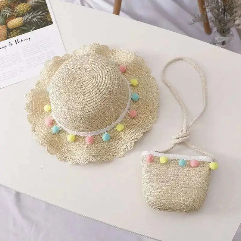 Chapeau de Paille Bébé Fille à Pompons