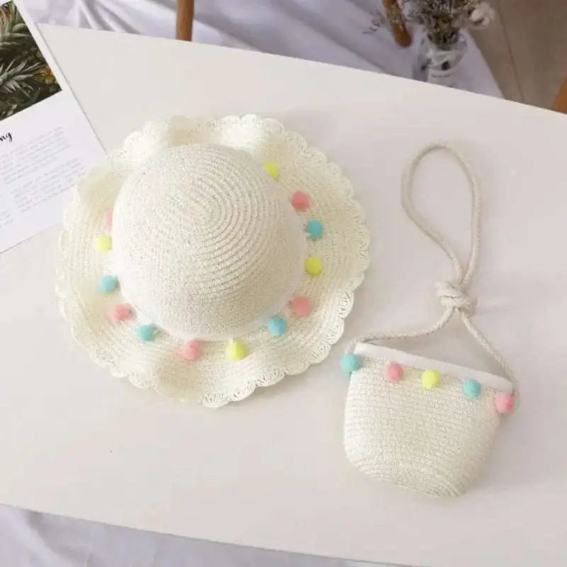 Chapeau de Paille Bébé Fille à Pompons